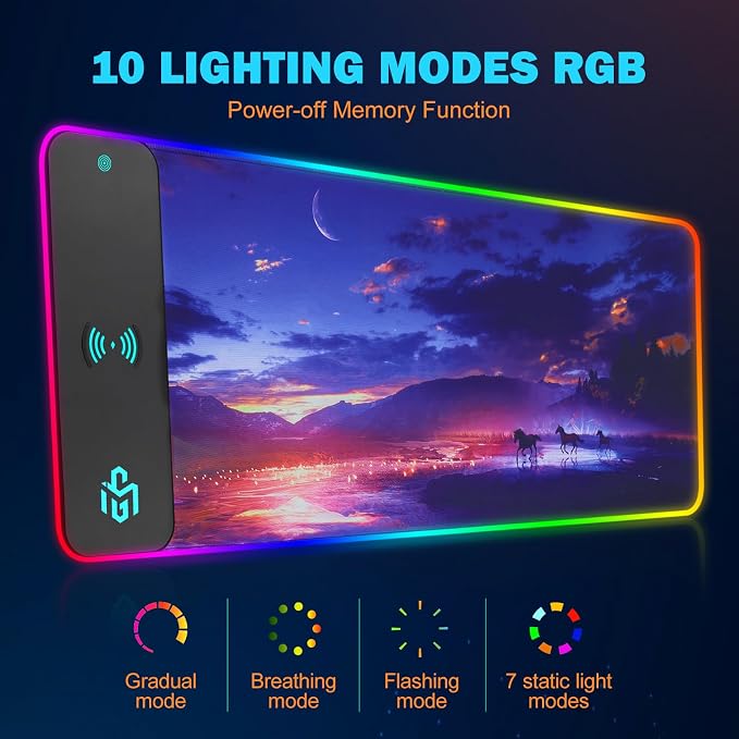 Mouse Pad Gaming Wireless Charging, 800x300x4mm Extended Desk Mat with 10 RGB Light Modes, Non-Slip Rubber Base, Waterproof Computer Keyboard Mat for Gamer, PC, Laptop, Office, Twilight Blue-Purple