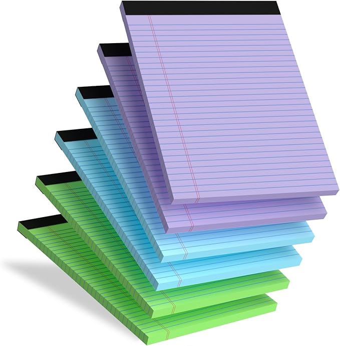 6 Pack Legal Pads 8.5 x 11, Colored Legal Pads College Ruled Note Pads | 8.5 x 11 Writing Paper, Notepad with Sturdy Back, Perforated Writing Pad Lined Paper, Memo Notepad for Office, School, Home
