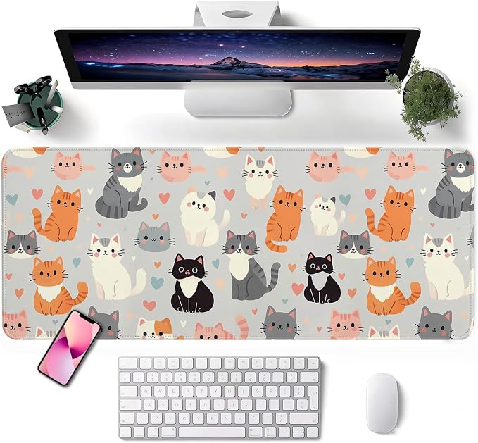Mouse Pad, Desk Mat, 31.5x11.8in Large Mousepad, Cat Family | Desk Pad with Stitched Edge & Rubber Non-Slip Bottom, Gaming Mouse Pad, Extended Mousepad for Home, Office