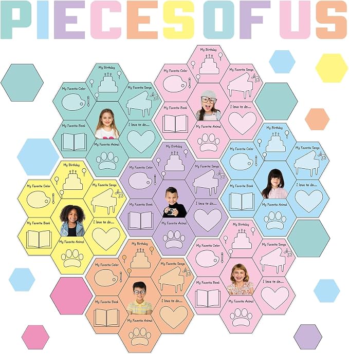 Hexagon Pieces Bulletin Board Set Pieces of Us Classroom Bulletin Board Decorations All About Me Cutouts Classroom Decorations for Back to School Office Home Chalkboard Decor Wall Door