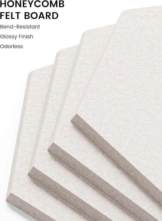 Fluxynara 12-Pack Hexagon Felt Bulletin Board Tiles, Oatmeal | Cork Board Alternative with 60 Adhesive Tabs for Notes, Photos and Reminders in Home Offices, Dorm and Classrooms