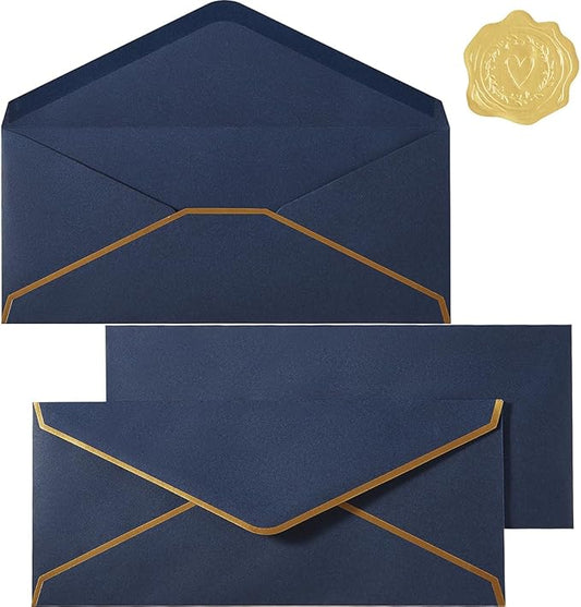 30 Pack #10 Business Envelopes with Stickers, Thick Paper, Navy Blue | 4 1/8 x 9 1/2 Inches, Self Seal Standard Envelopes with Gold Border For Letter Mailing, Greeting Cards