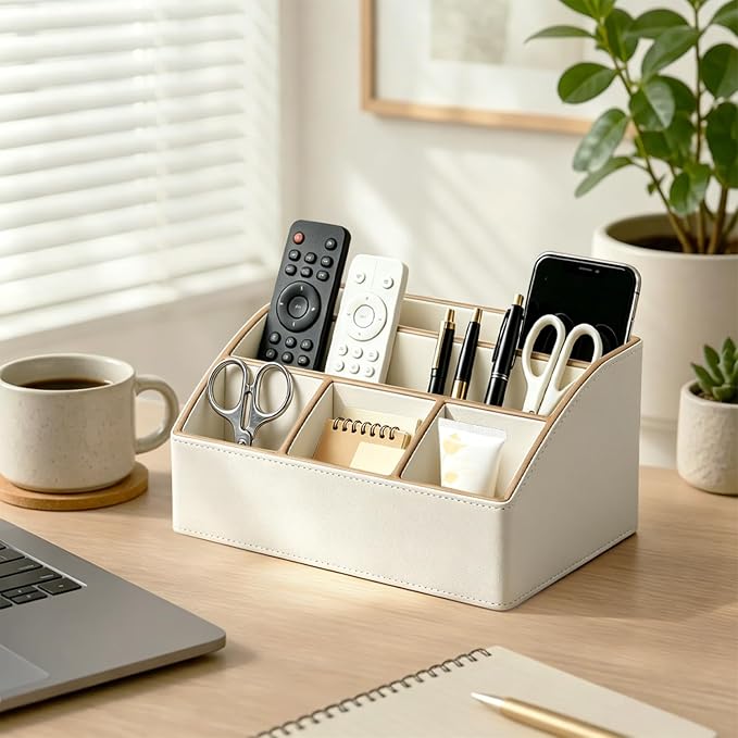 TV Remote Control Holder,Mail Organizer Countertop,Office Supplies Storage | PU Leather Modern 5-Slot Bedside Table Desktop Caddy for Pen/Pencil, Eyewear, Makeup Brushes, Desk Accessories, Home Decor