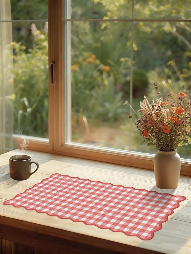 Scalloped‌ Checkered Gingham Desk Mat Cute Red XXL Large Mouse Pad Kawaii Cottagecore ‌Vintage‌ Rustic Girly Keyboard Computer Mat Pad Aesthetic Cozy Office Desk Decor for Women