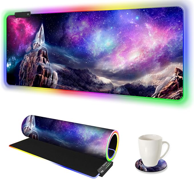 RGB Gaming Mouse Pad, Large Extended Soft Led Mouse Pad with 14 Lighting Modes 2 Brightness, Water Resist Keyboard Pad, Computer Mousepads Mat 35.4x15.7inch, Starry Mountains