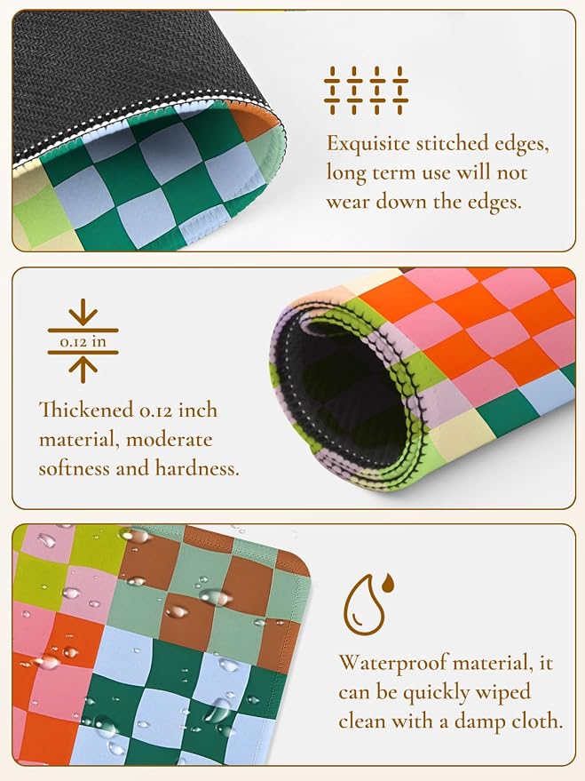 Cute Colorful Mouse Pad,Retro Checkered Pattern Mousepad,Square Aesthetic Waterproof Mouse Mat Design, Non-Slip Rubber Base Funny Boho Small Mouse Pads, Desk Accessories,Purple Blue Green