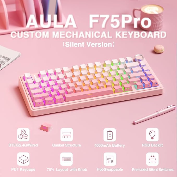 AULA F75 Pro Wireless Mechanical Keyboard Silent Version,75% Hot Swappable Custom Keyboard with Knob,RGB Backlit,Pre-lubed Switches,Side Printed PBT Keycaps,2.4GHz/USB-C/BT5.0 PC Gaming Keyboards,Pink