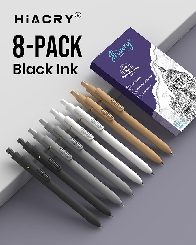 Hiacry 8 Pack Gel Pens, Quick-Drying Black Ink, 0.7mm Fine Point Fidget Pen | Smooth Long-Lasting Ink Pens, Stress Relief , No Smear, No Bleed, Journaling, Note Taking ,School Office, Gifts for Men Women