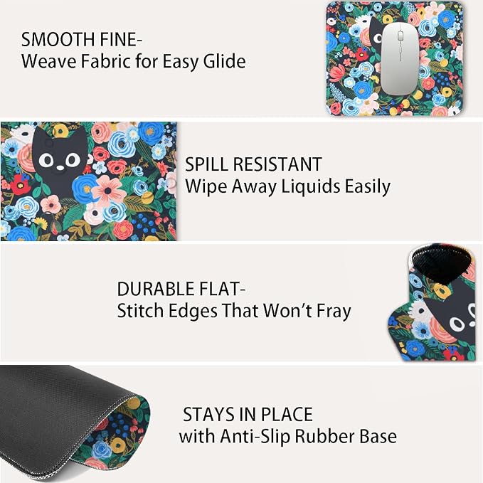 Mouse Pad for Desk with Stitched Edge, Premium Cute Washable Mouse Pads. Computer Mousepad with Non-Slip Rubber Base, Mousepads for Laptop, 9.25x7.75x0.12 inch (Meow Blooms)