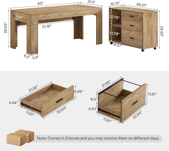 Tribesigns 63" L Shaped Desk with Storage, Executive Office Desk with Mobile Lateral File Cabinet Combo, Large Computer Table with Drawers and Shelves, Business Furniture Set for Home Office, Brown