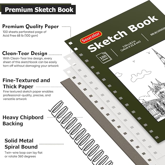 Soucolor 5.5" x 8.5" Sketchbook Pack of 2, 200 Sheets Blank Journal Notebook, A5, Spiral Bound Sketch Pad Drawing Book Acid-Free Paper (68lb/100gsm), Painting Sketching Drawing Notebook Art Supplies