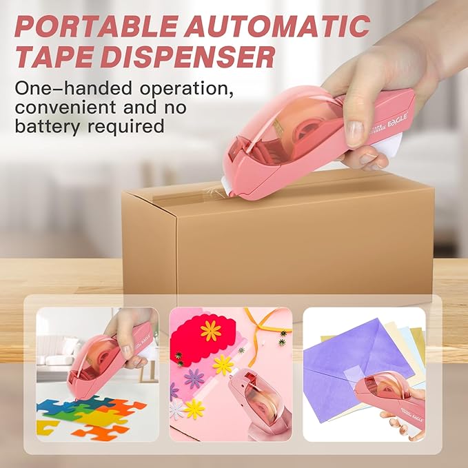 Eagle Automatic Tape Dispenser, Handheld & Portable Design, Office Tape Gun, One-Handed Operation with Safety Blade for Office, Home, DIY or Packaging (Includes 2 Free Tapes)（Flamingo Pink）