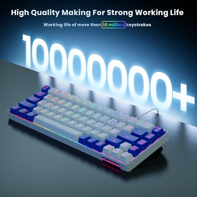 65% Gaming Keyboard, LED Backlit Mini Wired Keyboard, Ultra-Compact Anti-Ghosting No-Conflict 68 Keys Membrane Gaming Wired Keyboard for PC Laptop Windows Gamer(White-Blue)