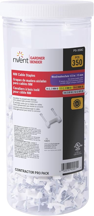 Gardner Bender PS-350C Plastic Staple, ½, Secures: Romex, UF and NM Electrical Cable, White