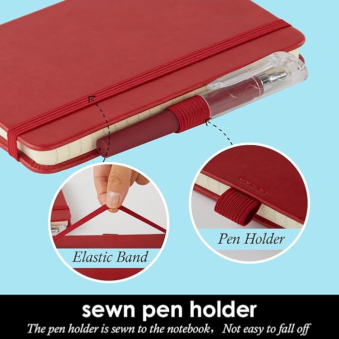 Small Leather Notebook Journal Notepad with Pen for Writing Women, Mini Pocket Small Notepad Lined Address Note Book Note Pads for Work Travel, Red Waterproof Leather Cover Notebook