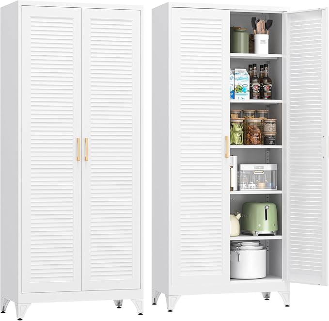 75" Tall Kitchen Pantry Cabinet, Metal Storage Cabinet with Doors | Kitchen Cabinet with 5 Adjustable Shelves, White Cupboard for Kitchen, Dining Room, Living Room, Bathroom, Garage and Office