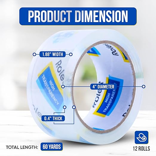 Packing Tape, 12 Rolls Shipping Tape, Heavy Duty Packaging Tape 1.88” x 60 yd, Clear Packing Tape Refills, Box Tape for Shipping, Mailing, Moving & Storage, Strong Seal on All Box Types