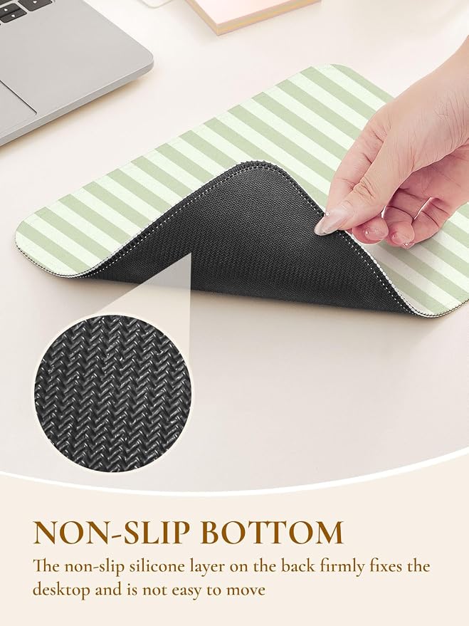 Square Cute Striped Mouse Pad with Stitched Edge, Premium Waterproof Cloth Aesthetic Small Stripe Mouse Mat, Non-Slip Rubber Base Funny Mousepad Desk Accessories,Striped Green Beige