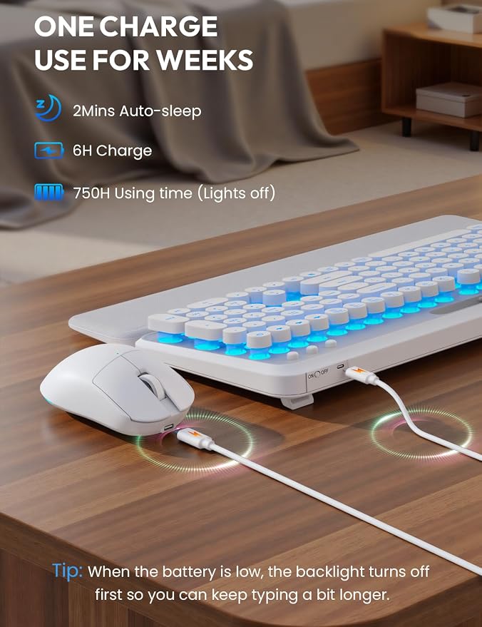 Wireless Keyboard and Mouse, Backlit Typewriter with Magnetic Wrist Rest | Phone Holder, Light Up Round Keycaps, Lighting Mouse, 2.4GHz Cordless Set for Mac, Windows, PC, Laptop, SABLUTE