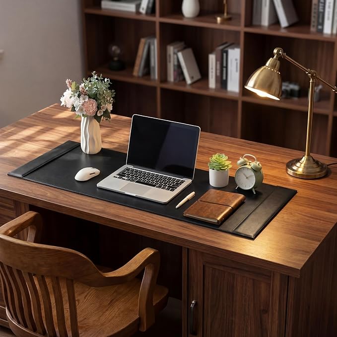 47.2 x 17 Inch Leather Desk Pad with Side Rails Mat, Black | Executive Office Desk Mat, Smooth Writing Surface, Desktop Protector Covers Mouse Keyboard, Elegant Gift, Men Dad Husband