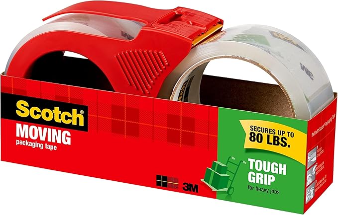 Scotch Tough Grip Moving Packing Tape, Clear, Moving Tape That Secures Boxes up to 80 Pounds, 1.88 in. x 54.6 yd., 2 Tape Rolls with 1 Dispenser | (Pack of 3)