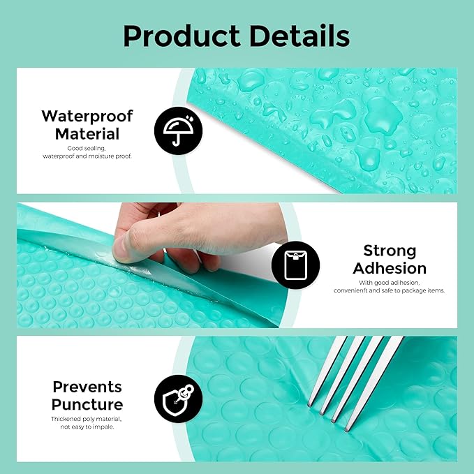METRONIC Bubble Mailers 8.5 x 11 Inch 40 Pack Teal Waterproof Bubble Mailer Padded Envelopes Cushioning Poly for Christmas Gift, Clothes, Makeup, Books, Small Business Supplies