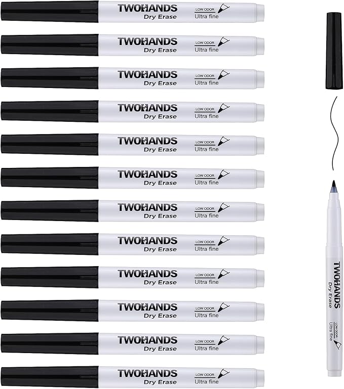 TWOHANDS Dry Erase Markers Fine Tip Black,Ultra Fine Extra Fine Point 0.7mm,Low Odor,Whiteboard Markers for Office,Home,or Planning Whiteboard,12 Count,20574