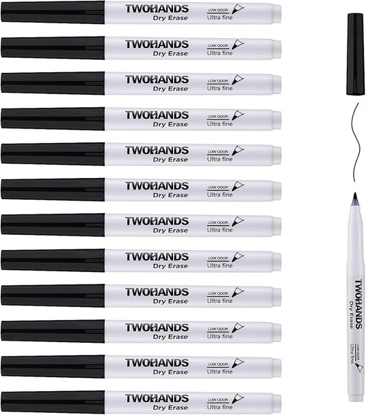 TWOHANDS Dry Erase Markers Fine Tip Black,Ultra Fine Extra Fine Point 0.7mm,Low Odor,Whiteboard Markers for Office,Home,or Planning Whiteboard,12 Count,20574