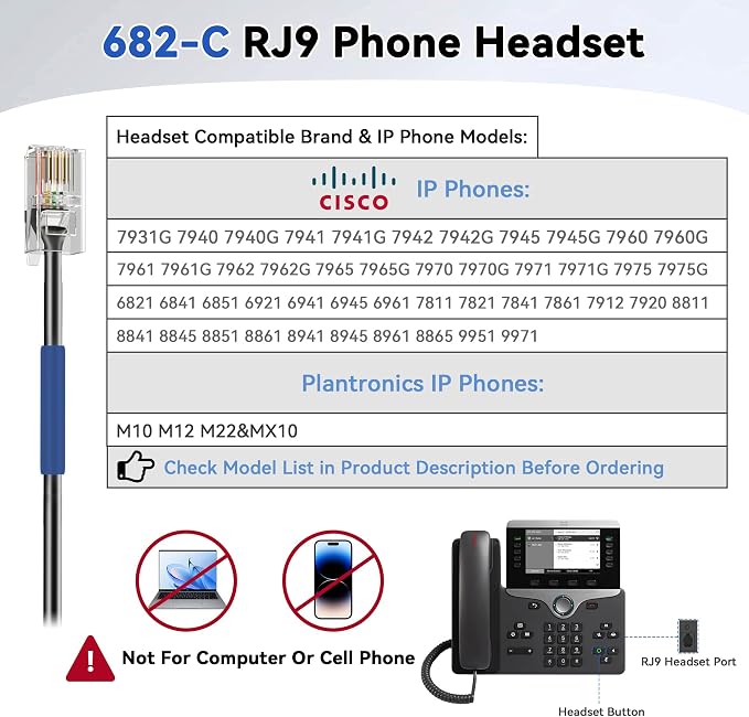 Wantek RJ9 Headset for Cisco IP Phones, Telephone Headset with Noise Canceling Microphone & Mute Button, Office Phone Headset Compatible with Cisco 6800 6900 7800 7900 8800 Series IP Phones