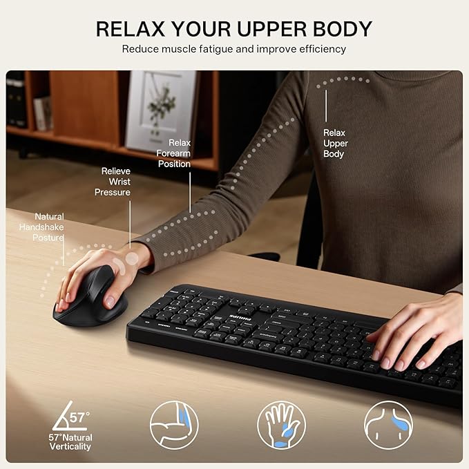Philips Ergonomic Mouse - Vertical Mouse with 800/1200/1600 Adjustable DPI, 6 Silent Buttons Design for S/M Hands, Auto Power Saving, Light Weight, 2.4GHz Wireless Mouse for Laptop, Desktop, PC-Black