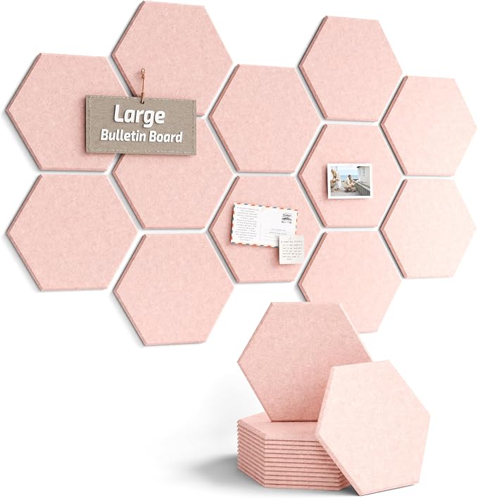 Fluxynara 12-Pack Hexagon Felt Bulletin Board Tiles, Pink-1 | Cork Board Alternative with 60 Adhesive Tabs for Notes, Photos and Reminders in Home Offices, Dorm and Classrooms
