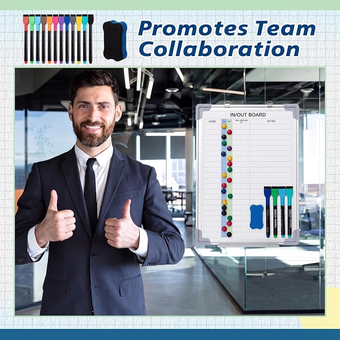 in and Out Magnetic Dry-Erase Board Aluminum Framed White Board with Lines Names with Magnetic Dry-Erase Marker, Eraser, and Magnets Wall-Mounted for Office Employee (16" X 12",Colored Styles)
