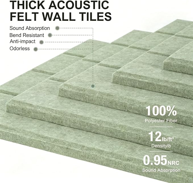 0.47" Thick Felt Wall Tiles 36"x24" Cork Board Alternative 6 Pack 11.81"x11.81"Felt Bulletin Board Pin Board with Removable Adhesive Tape&30 Pushpins for Home Office School(Bold-Sage)