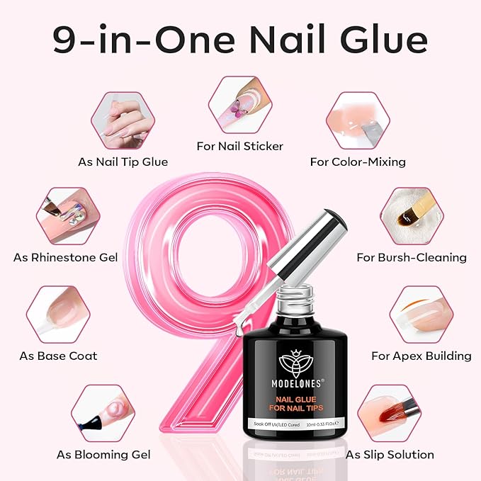 modelones X Nail Gel Kit Kit Short Square, 9-in-One Nail Glue with Portable U V Lamp 216Pcs 12Sizes Pre-Etched Press ons Fake Acrylic Extension Kit DIY Salon Gift for Women
