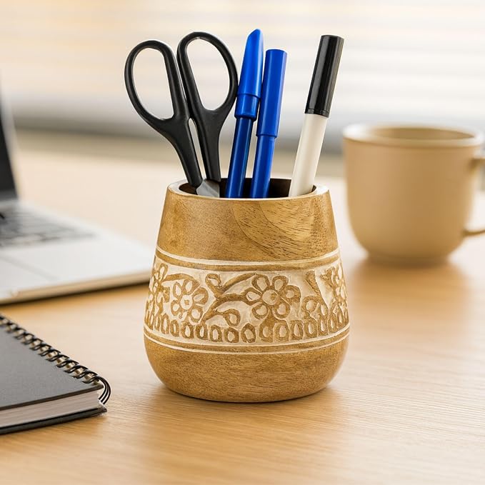 Mie Creations Farmhouse Pencil Holder for Desk, Wooden, White Floral 4'' | Wooden Pen Stand, Office Desk Organizer, Desktop Accessories, Stationery, Art Supplies, Paintbrush Stand, Make Up Brush Cup