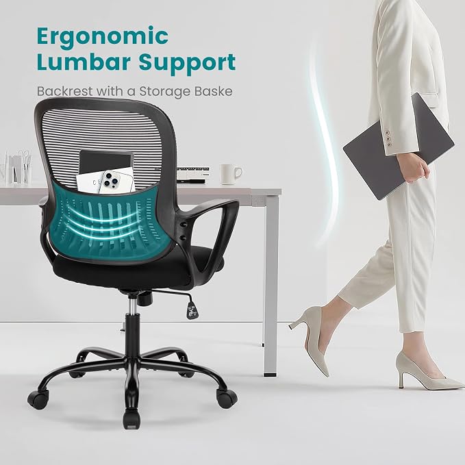 DUMOS Office Chair, Ergonomic Mesh Home Desk Chair, Lumbar Support | Ergonomic Mid Back, Height Adjustable Fixed Armrest, Rocking Mode 360 Swivel Meeting Room, Black
