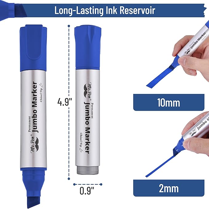 Mr. Pen- Jumbo Permanent Markers, 4 Pack, Blue, Chisel Tip, Large Color Set, Huge Poster Markers, Thick for Writing