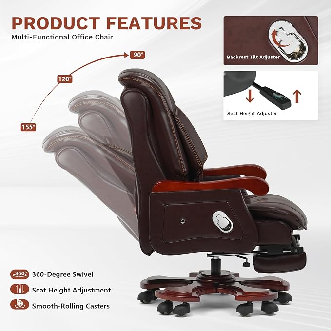 Kinnls Jones Genuine Leather Executive Office Chair with Massage Ventilation and Heating, Luxury Managerial Executive Home Desk Chairs, Big and Tall Recliner with Footrest (Massage Chair-Coffee)