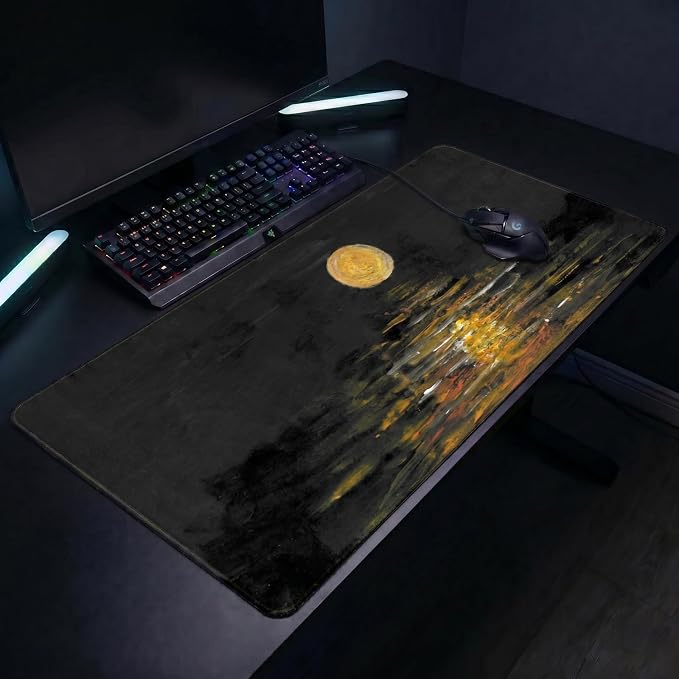 Auhoahsil Moonlight Lake Landscape Desk Mat, Ultra Large Full Desk Gaming Mouse Pad, Calm Night View Art Pattern Extended Keyboard Pad, Nature Aesthetic Desk Pad for Home Office Gaming, 35.4"x 15.7"