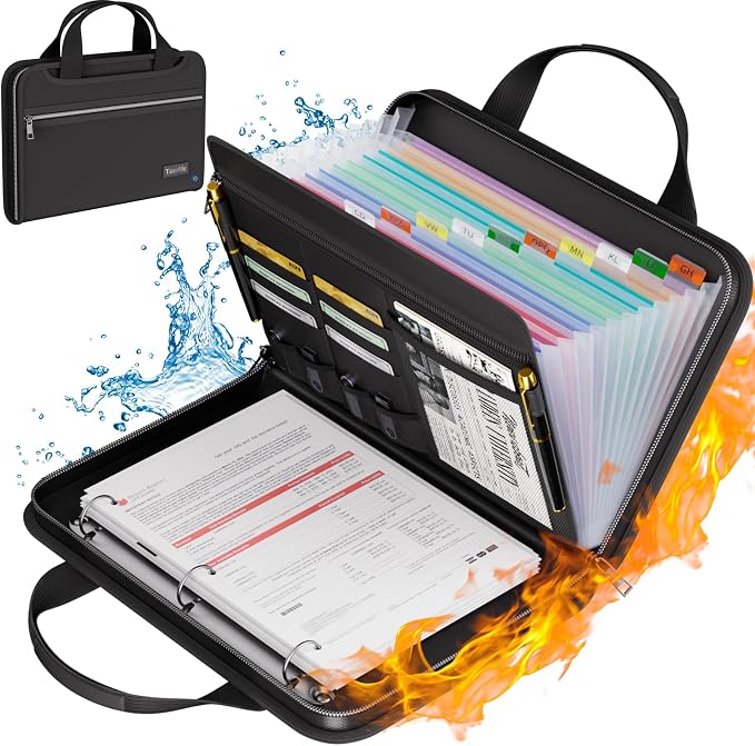 Tamfile Fireproof Accordion File Folder with Handle, Document Organizer | Expanding File Folder with 13 Pockets, Multiple Pockets, Water Resistant,Portable Travel Home Safe for A4 File,Travel,Black