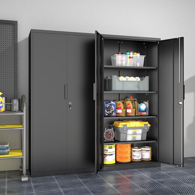 Metal Garage Storage Cabinet, 72" Tall, Black | With Lock, Steel Storage Locker, 4 Adjustable Shelves, Heavy Duty
