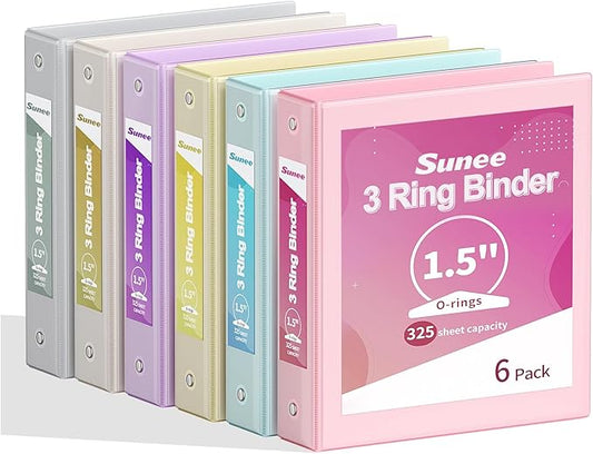 SUNEE 1.5 Inch Binders 3 Ring 6 Pack, Clear View Three Ring 1 1/2 Inch Binders PVC-Free (Fit 8.5x11 Inches) for School or Office Supplies, Pastel 6 Colors