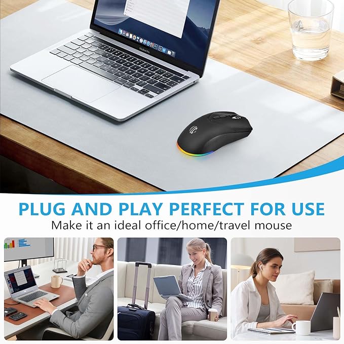 Wireless Bluetooth Mouse, Rechargeable USB Optical Mouse, 3 Adjustable DPI, LED Silent Dual Mode(Bluetooth 5.2 and 2.4G) Wireless Mouse for Laptop, PC, Mac，Ipad，Wide Compatibility. (Black)