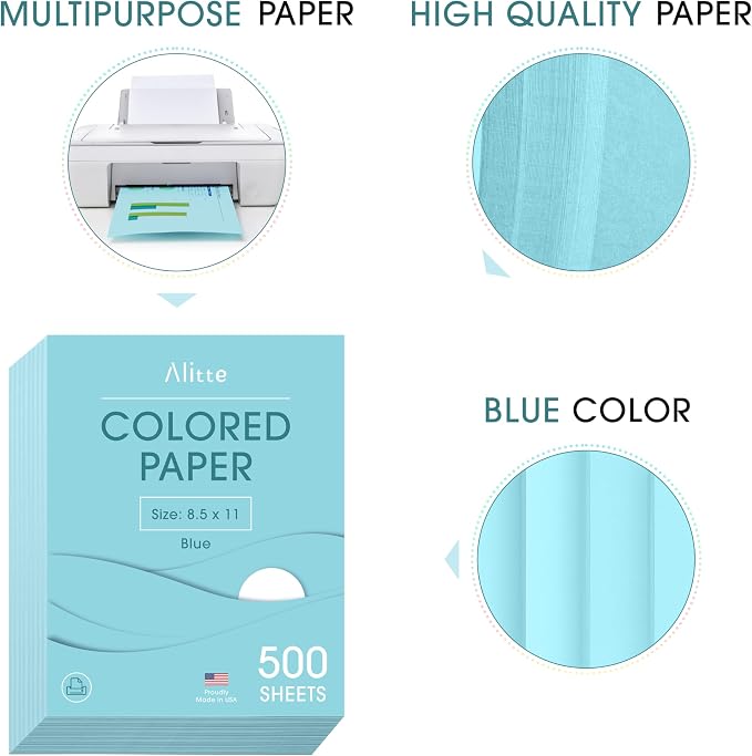Alitte Colored Paper 500-Sheets - Blue Paper, 8.5 x 11 Colored Printer Paper, Arts & Crafts, DIY Projects - School & Office Supplies - Pastel Copy Paper, 1 Ream, Made in the USA