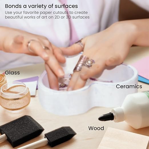Arteza Decoupage Glue Refill Kit, 1 Gloss- and 1 Matte-Finish Glue, 16-oz Bottles, 3 Foam Brushes, 3 Pairs of Gloves, Art Supplies for Decoupaging on Glass and Furniture, with Fabric and Tissue Paper