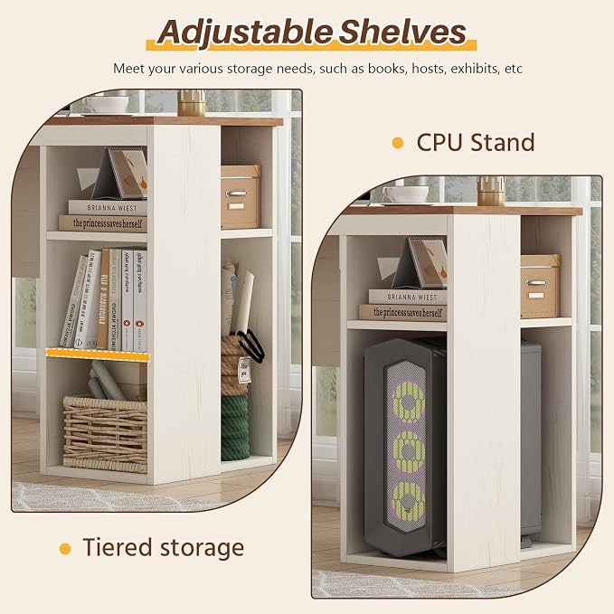 63" Farmhouse L Shaped Desk with Drawers & Storage Shelves for Home Office | Corner Desk with Outlets & LED Lights, L Shaped Office Desks with File Drawer, Printer Shelf, Monitor Stand, Antique White