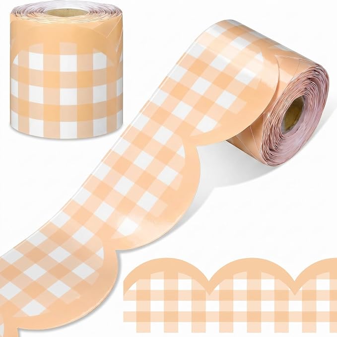 Zonon 65ft Orange Gingham Bulletin Board Border Pastel Scalloped Bulletin Board Trim Back to School Classrooms Decoration for Party Whiteboard, Walls, Desks, Windows, Doors, Lockers