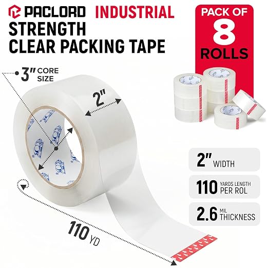 2" x 110 Yards Clear Packing Tape, Pack of 8 - Heavy-Duty 2.6 Mil Thick Carton Sealing Tape with Industrial Strength Adhesion for Packaging, Moving, or Shipping Boxes | Heavy-Duty 2.6 Mil Thick Carton Sealing Tape with Industrial Strength Adhesion for ...