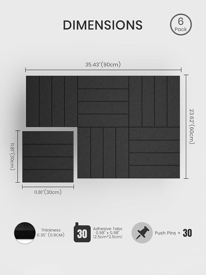 Bumusty 36"x 24" Large Felt Bulletin Board Tiles, Black | 6-Pack Cork Board Alternative, Wall Decor, 30 Pushpins, 30 Adhesive Tabs, Vision Board, Office, Classroom, Home, Dorm