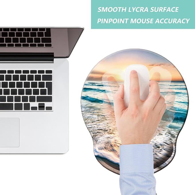 Mouse Pad with Wrist Support, Ergonomic Mouse Pad with Memory Foam Wrist Rest Cushion, Non-Slip Rubber Base Gaming Mice Pad for Home Office Computer Laptop, Beach